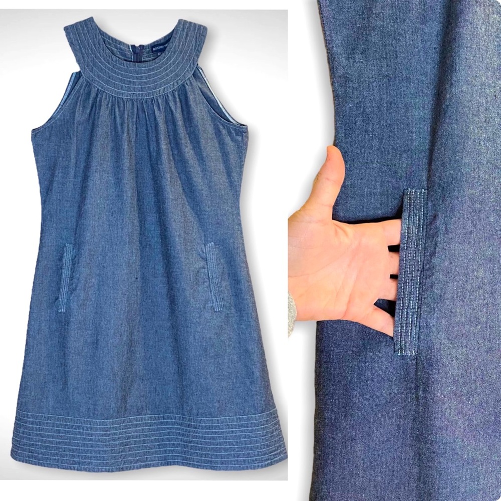 Boston Proper Chambray Shift Dress White Stitching Detail Pockets Zip Back Sz 10